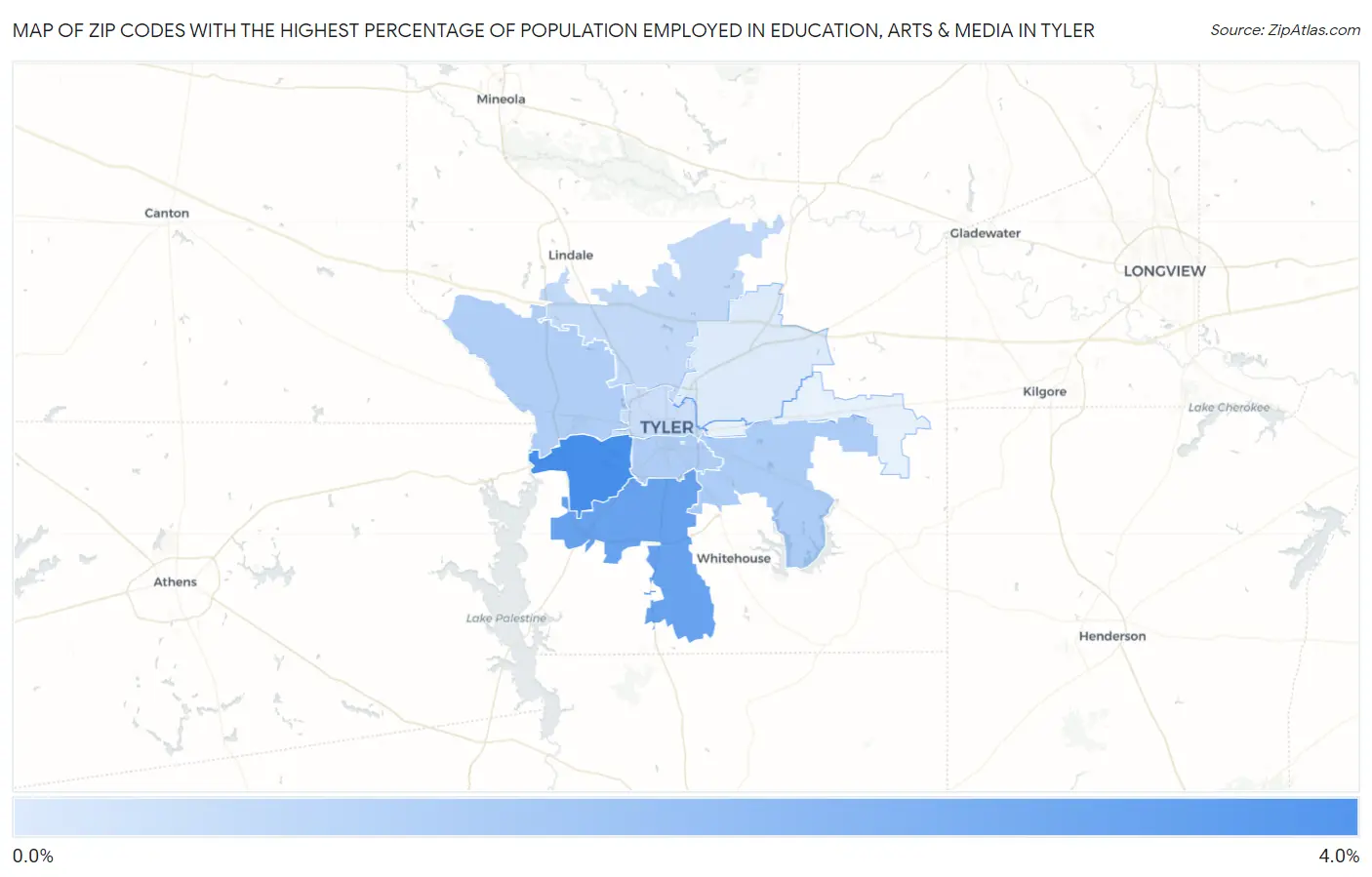 Zip Codes with the Highest Percentage of Population Employed in Education, Arts & Media in Tyler Map