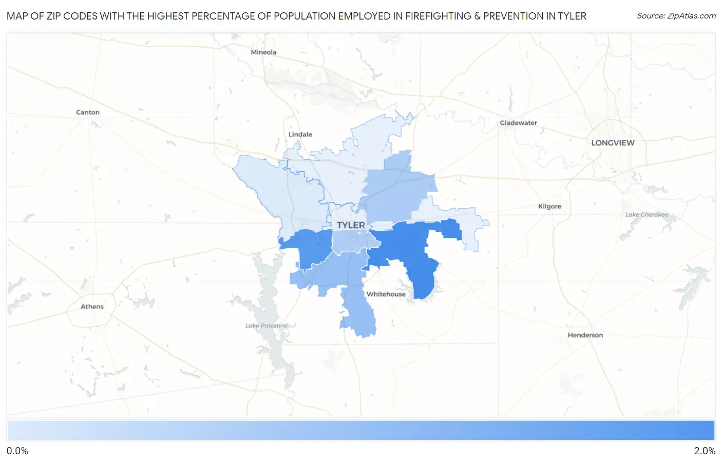 Zip Codes with the Highest Percentage of Population Employed in Firefighting & Prevention in Tyler Map