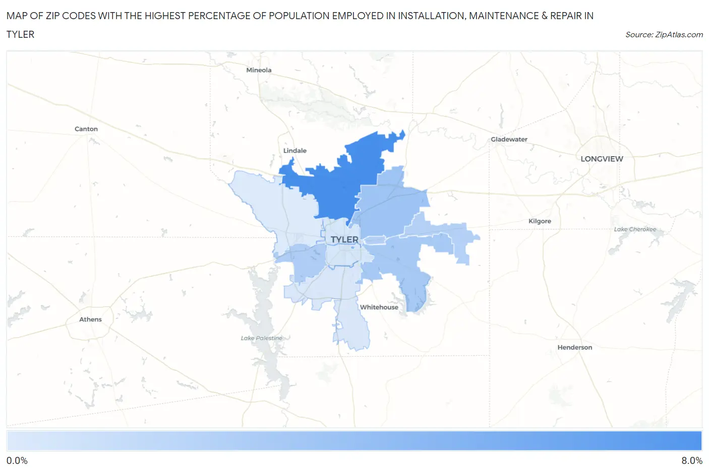 Zip Codes with the Highest Percentage of Population Employed in Installation, Maintenance & Repair in Tyler Map