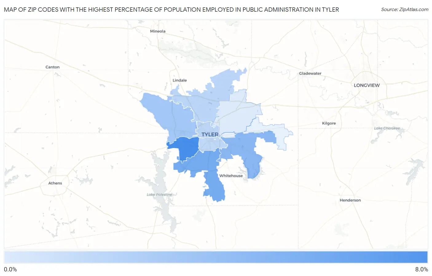 Zip Codes with the Highest Percentage of Population Employed in Public Administration in Tyler Map