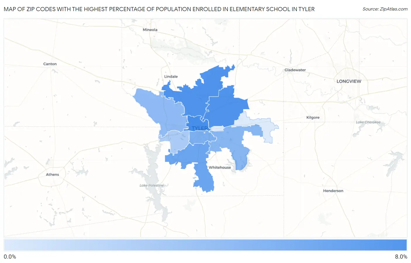 Zip Codes with the Highest Percentage of Population Enrolled in Elementary School in Tyler Map