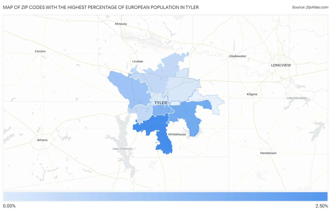 Zip Codes with the Highest Percentage of European Population in Tyler Map