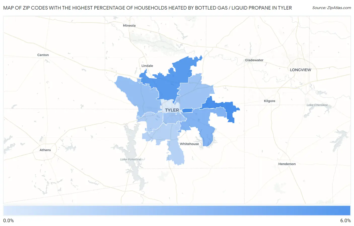 Zip Codes with the Highest Percentage of Households Heated by Bottled Gas / Liquid Propane in Tyler Map