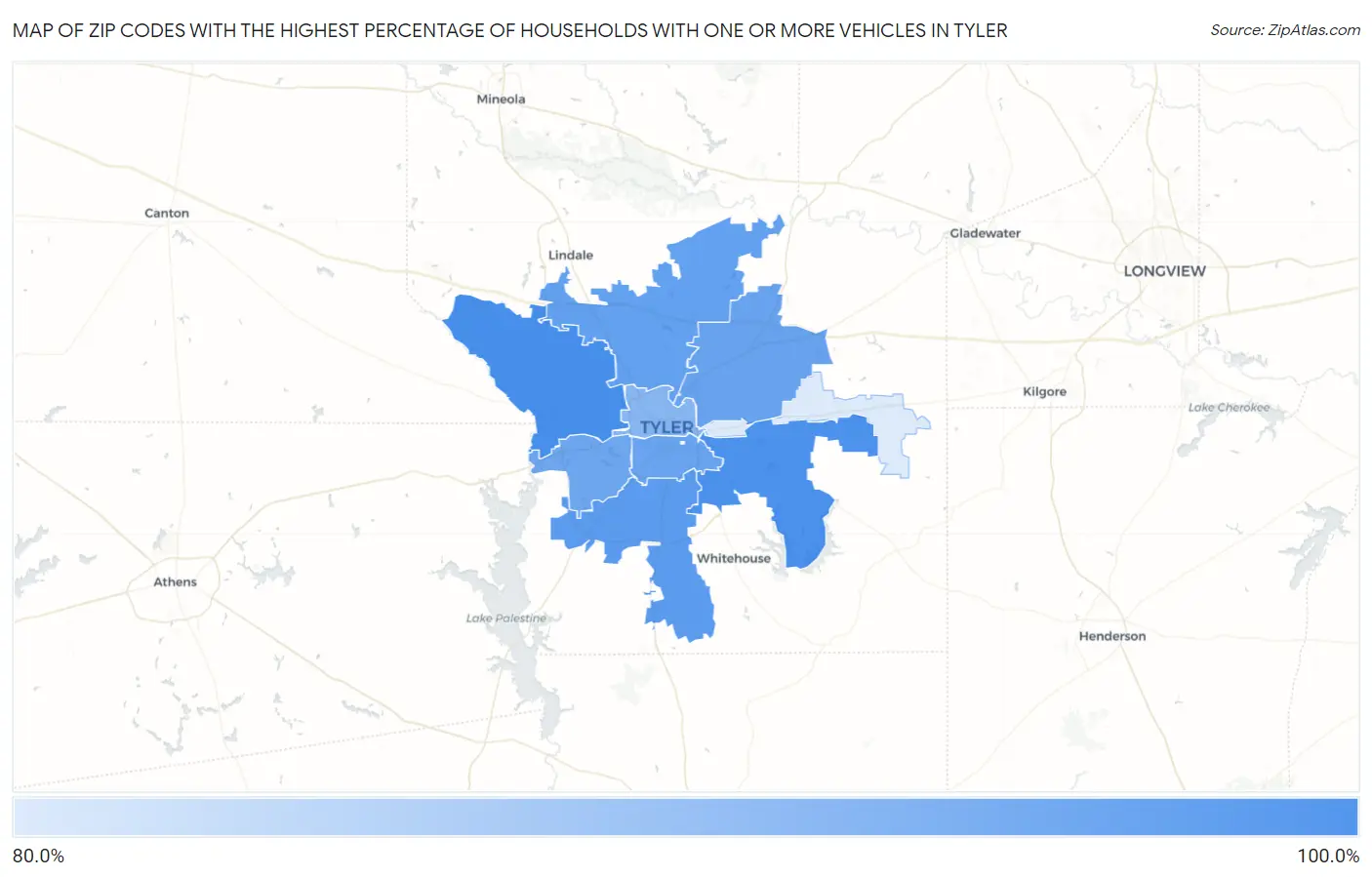 Zip Codes with the Highest Percentage of Households With One or more Vehicles in Tyler Map