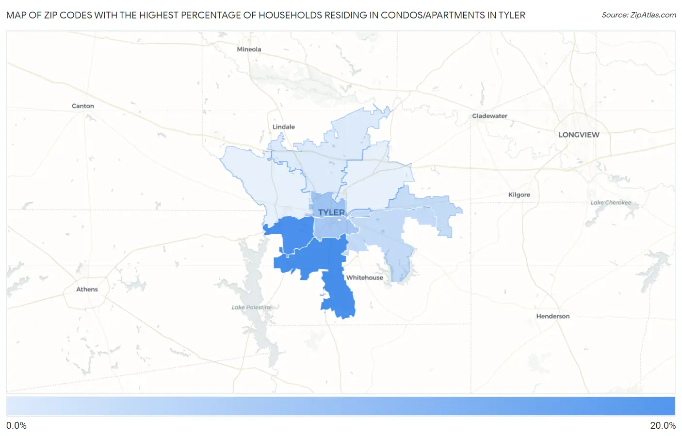 Zip Codes with the Highest Percentage of Households Residing in Condos/Apartments in Tyler Map