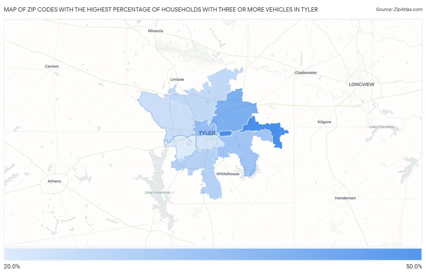 Zip Codes with the Highest Percentage of Households With Three or more Vehicles in Tyler Map