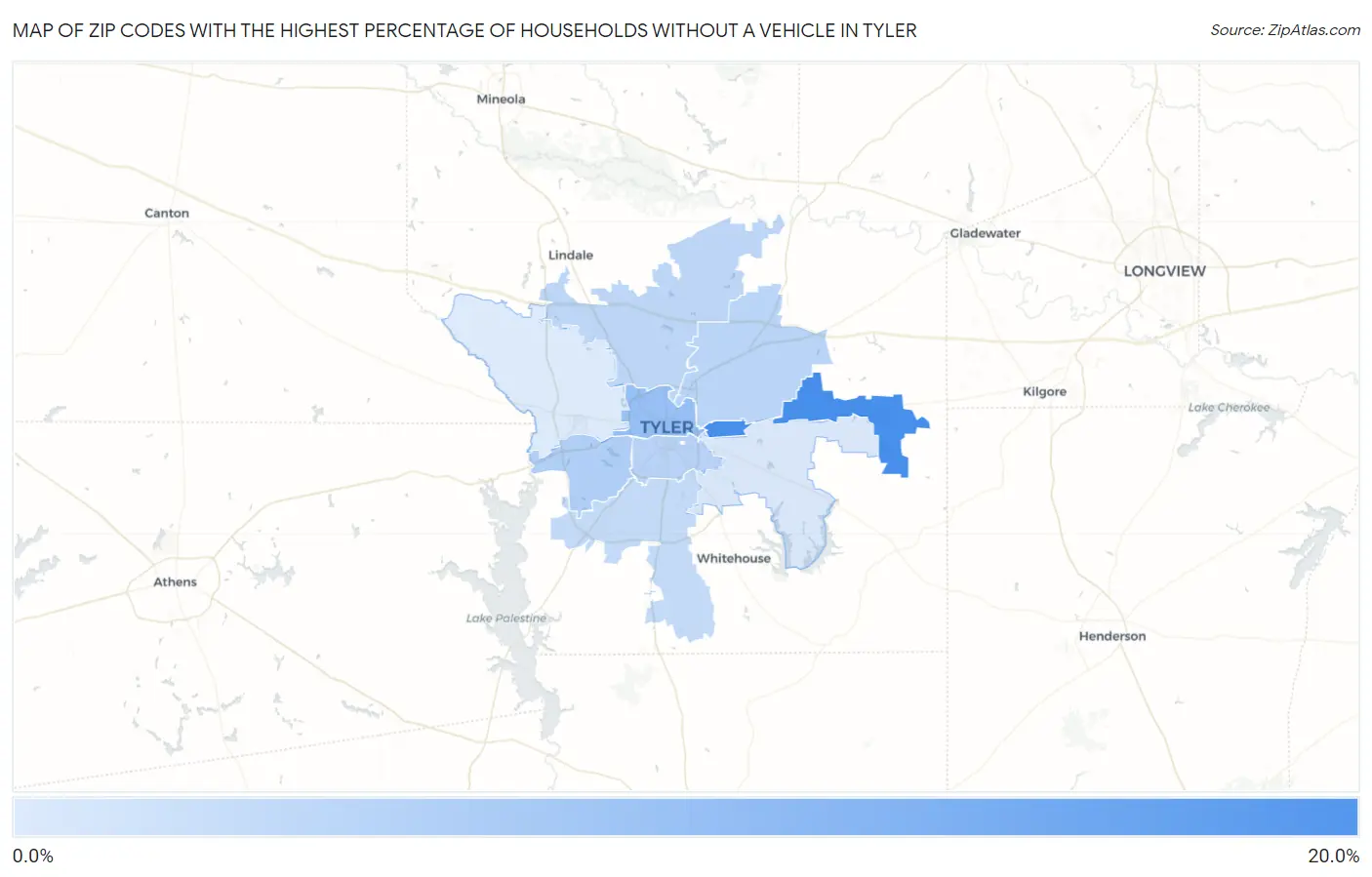 Zip Codes with the Highest Percentage of Households Without a Vehicle in Tyler Map