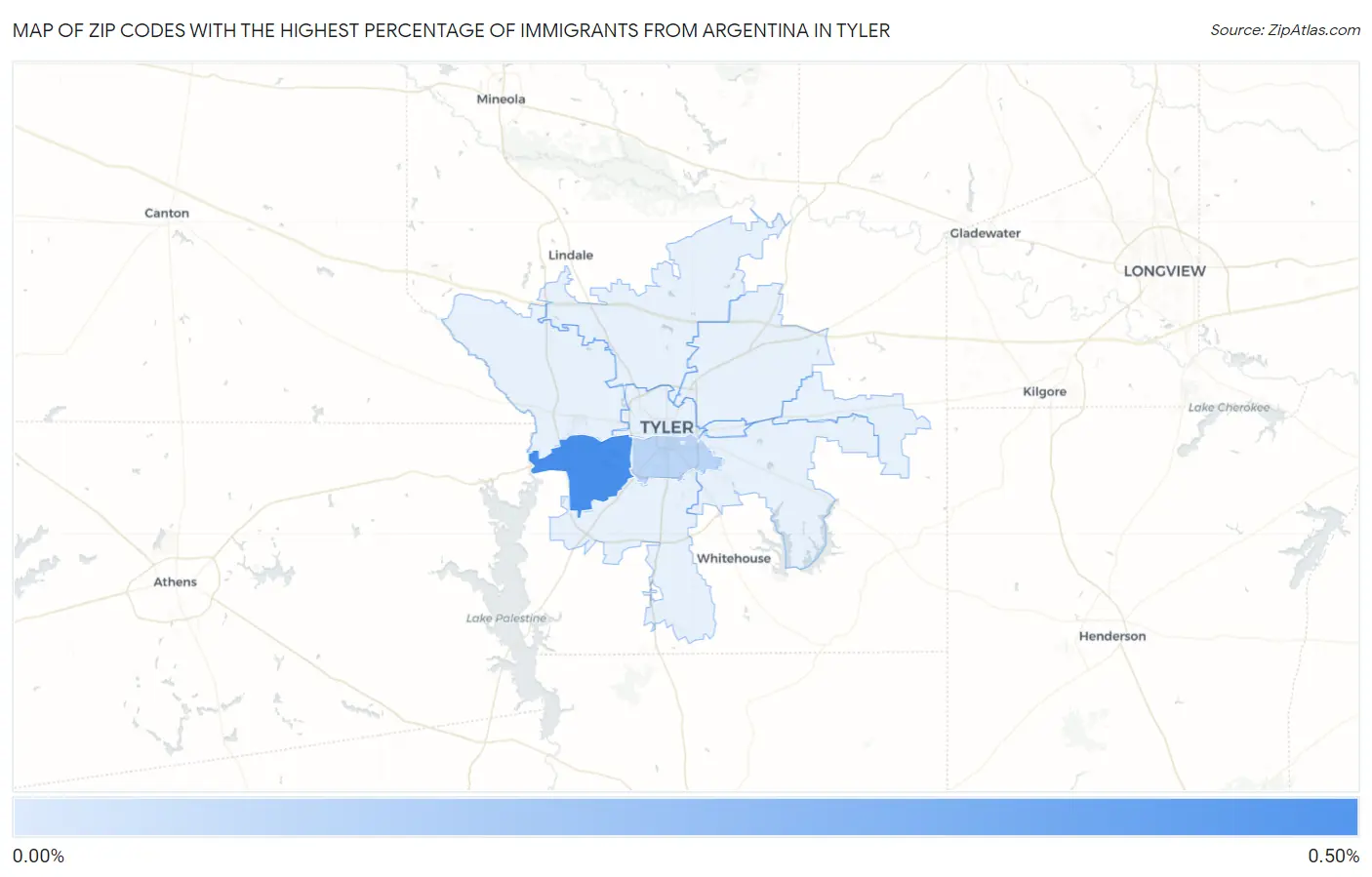 Zip Codes with the Highest Percentage of Immigrants from Argentina in Tyler Map