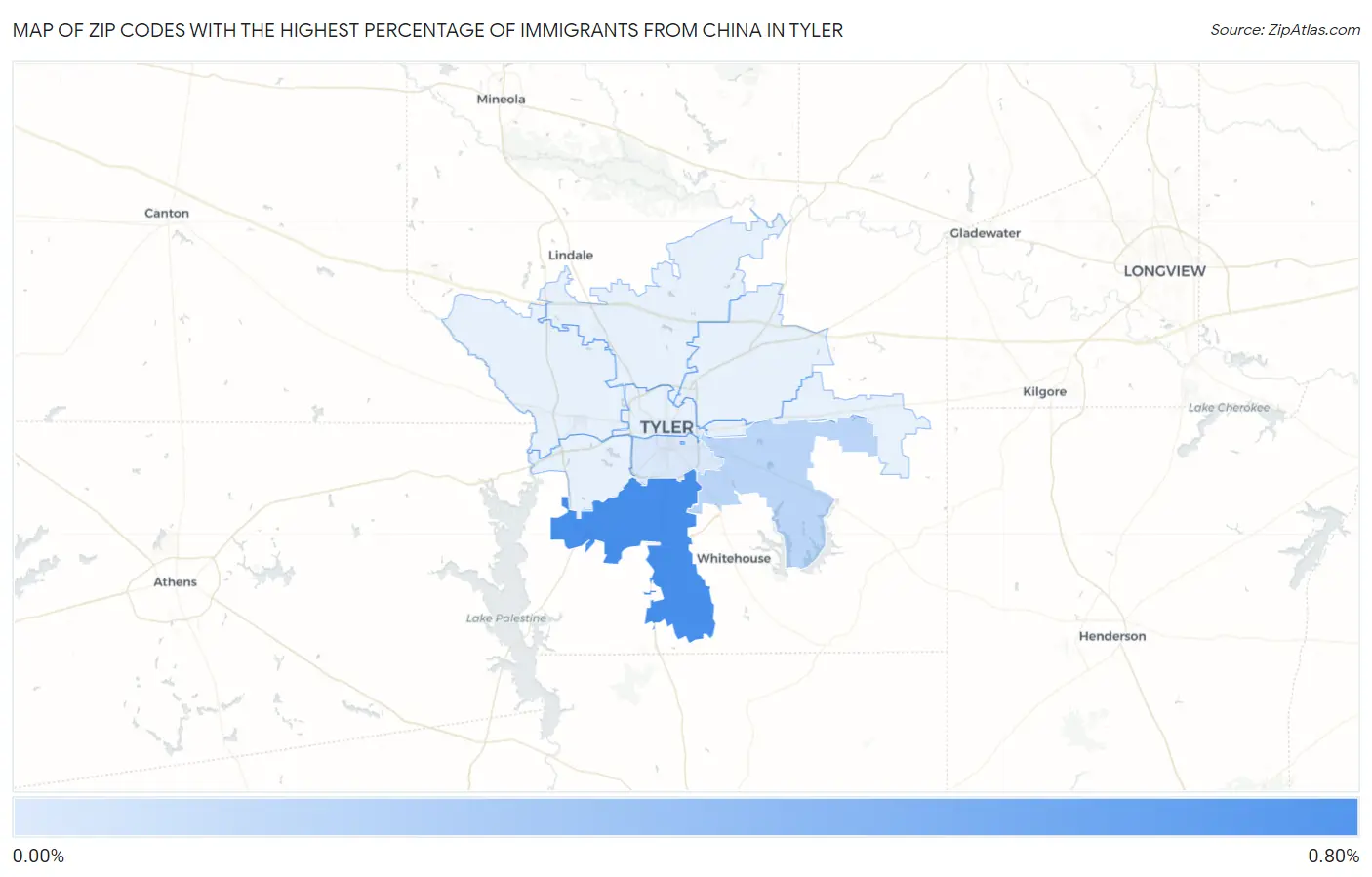 Zip Codes with the Highest Percentage of Immigrants from China in Tyler Map