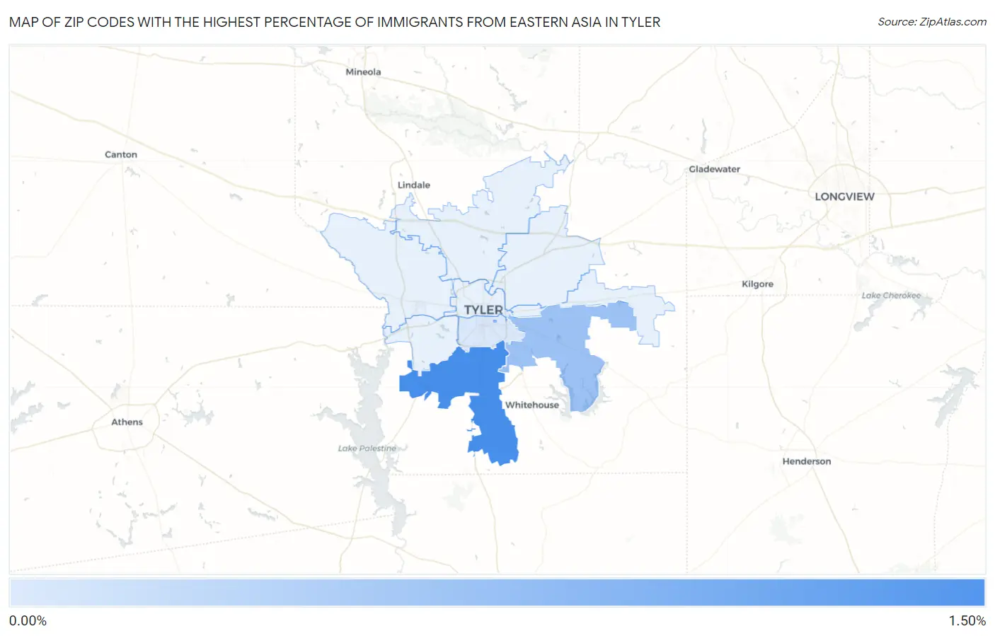 Zip Codes with the Highest Percentage of Immigrants from Eastern Asia in Tyler Map