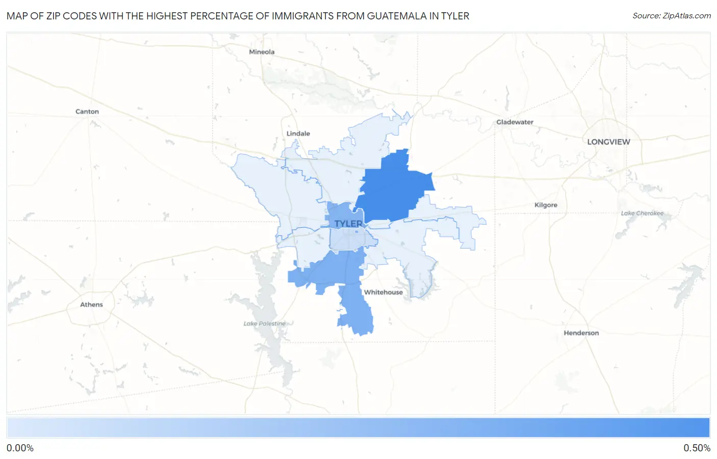 Zip Codes with the Highest Percentage of Immigrants from Guatemala in Tyler Map