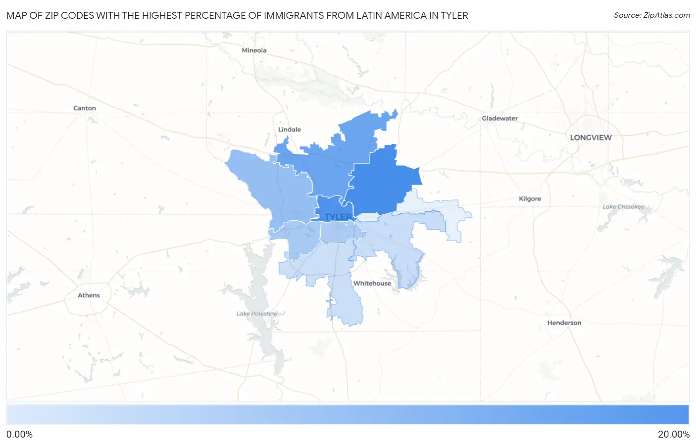 Zip Codes with the Highest Percentage of Immigrants from Latin America in Tyler Map