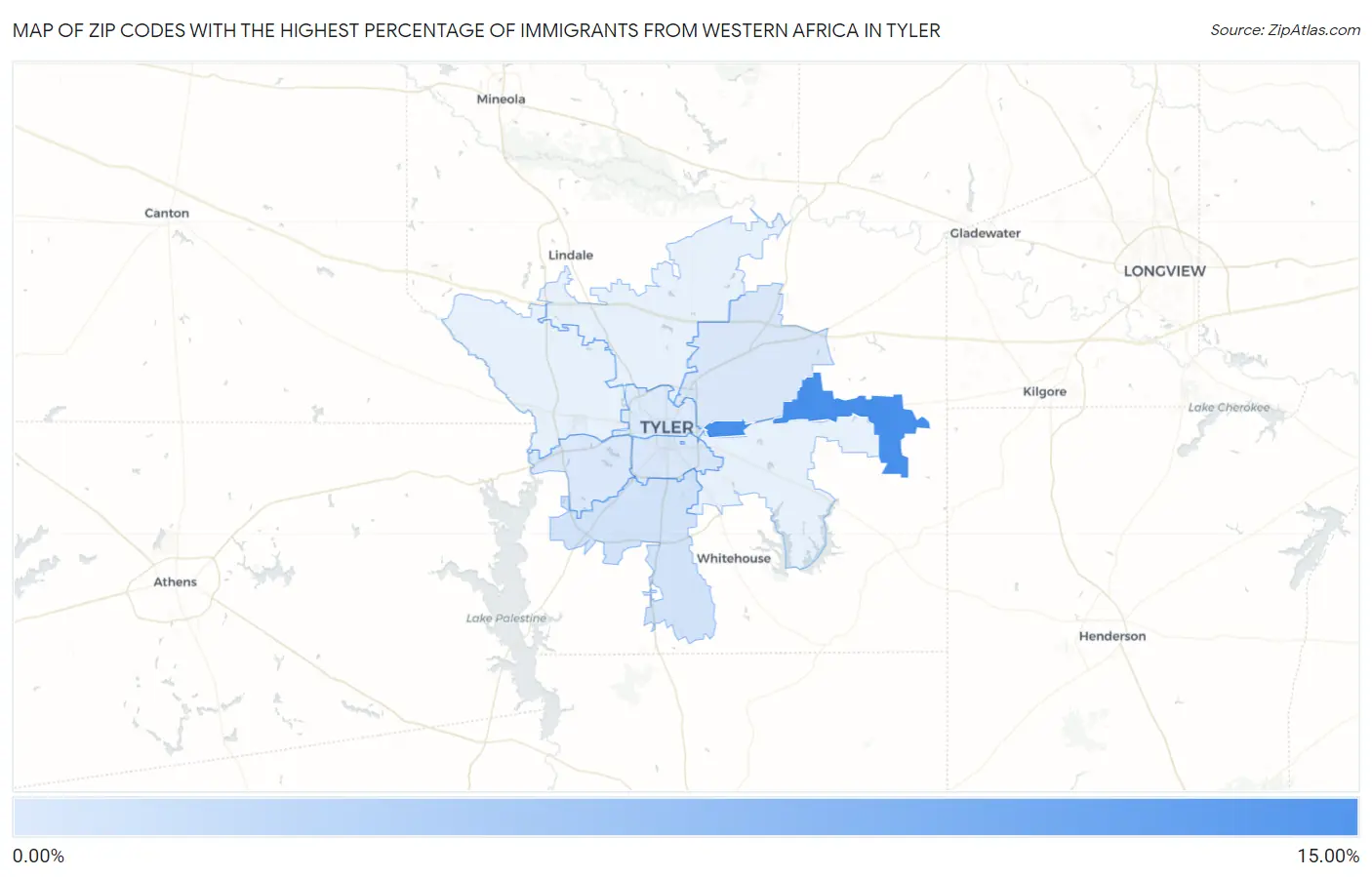 Zip Codes with the Highest Percentage of Immigrants from Western Africa in Tyler Map