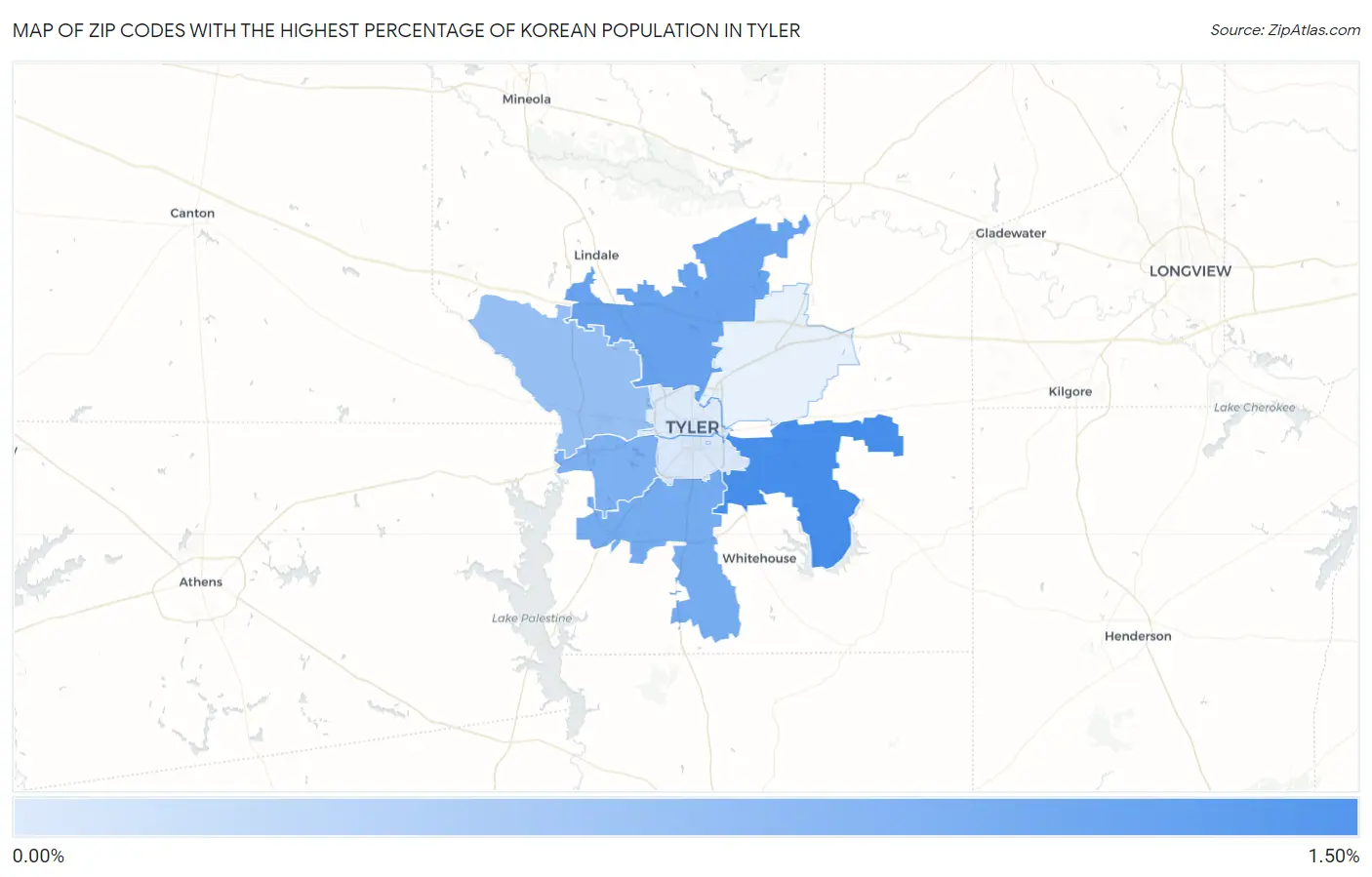 Zip Codes with the Highest Percentage of Korean Population in Tyler Map