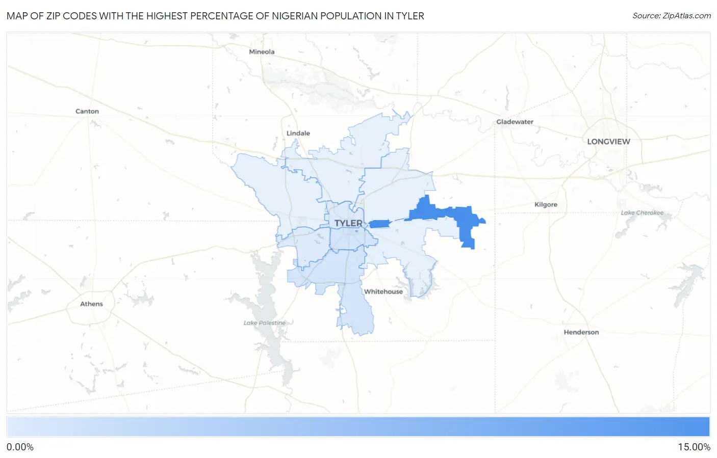 Zip Codes with the Highest Percentage of Nigerian Population in Tyler Map