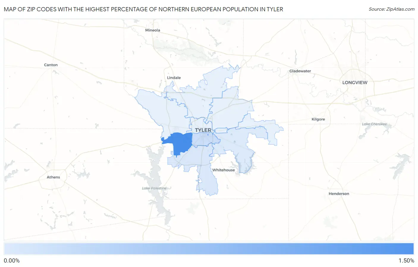 Zip Codes with the Highest Percentage of Northern European Population in Tyler Map
