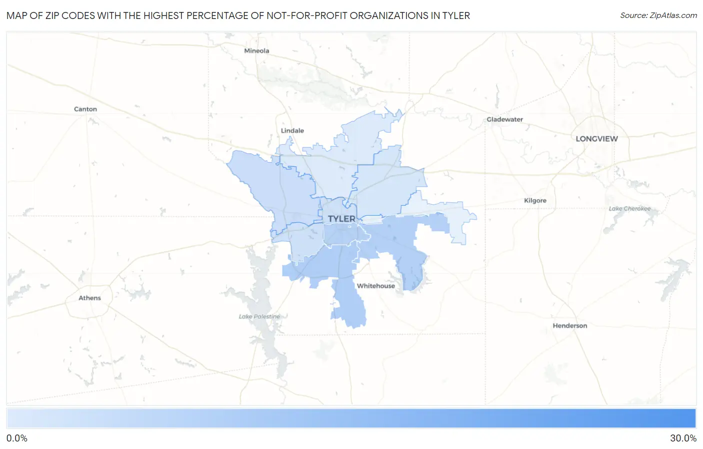 Zip Codes with the Highest Percentage of Not-for-profit Organizations in Tyler Map