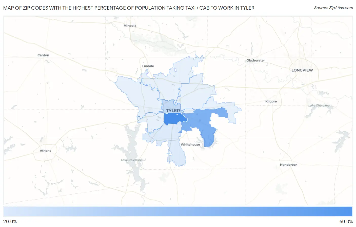 Zip Codes with the Highest Percentage of Population Taking Taxi / Cab to Work in Tyler Map
