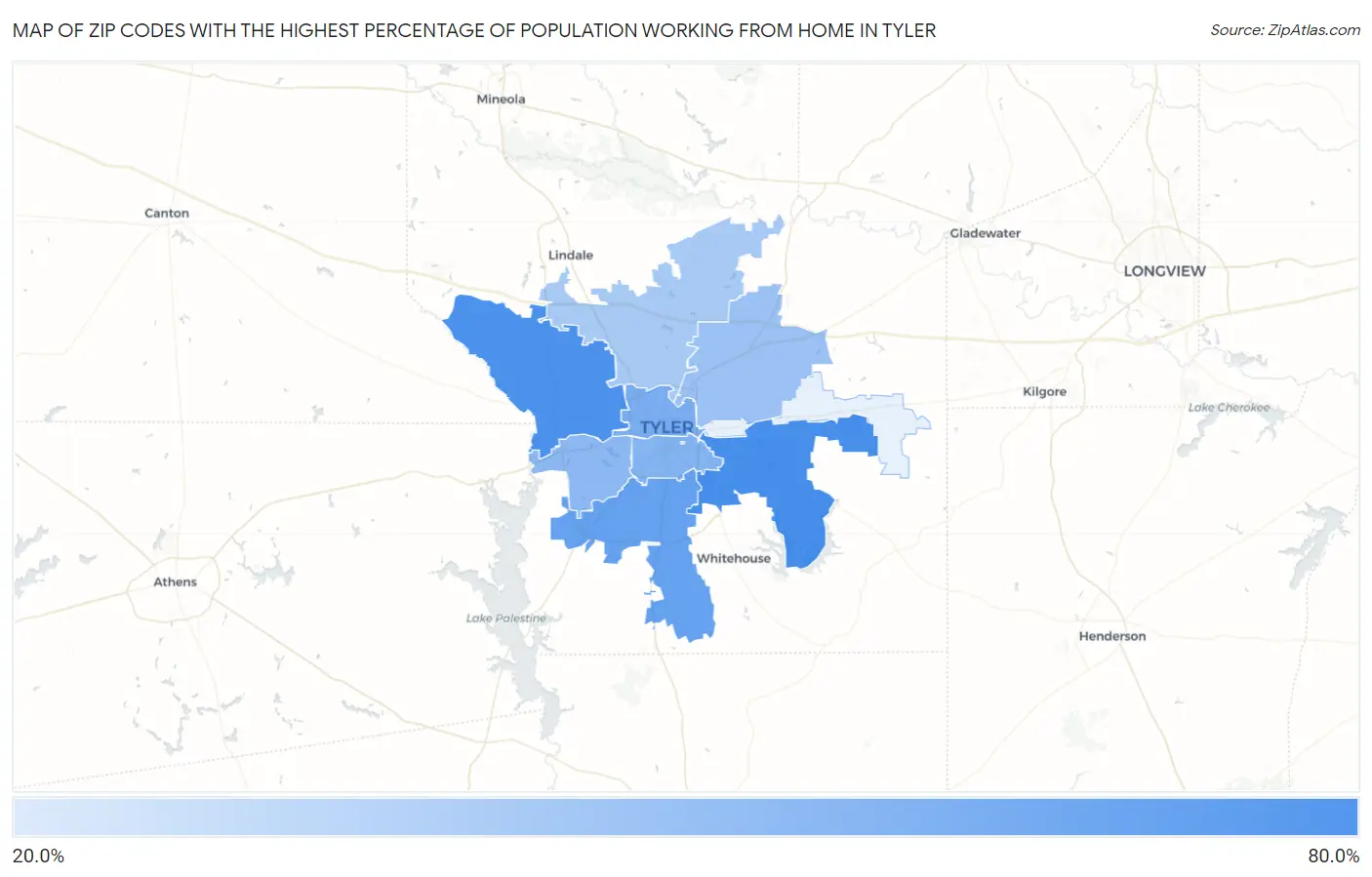 Zip Codes with the Highest Percentage of Population Working from Home in Tyler Map