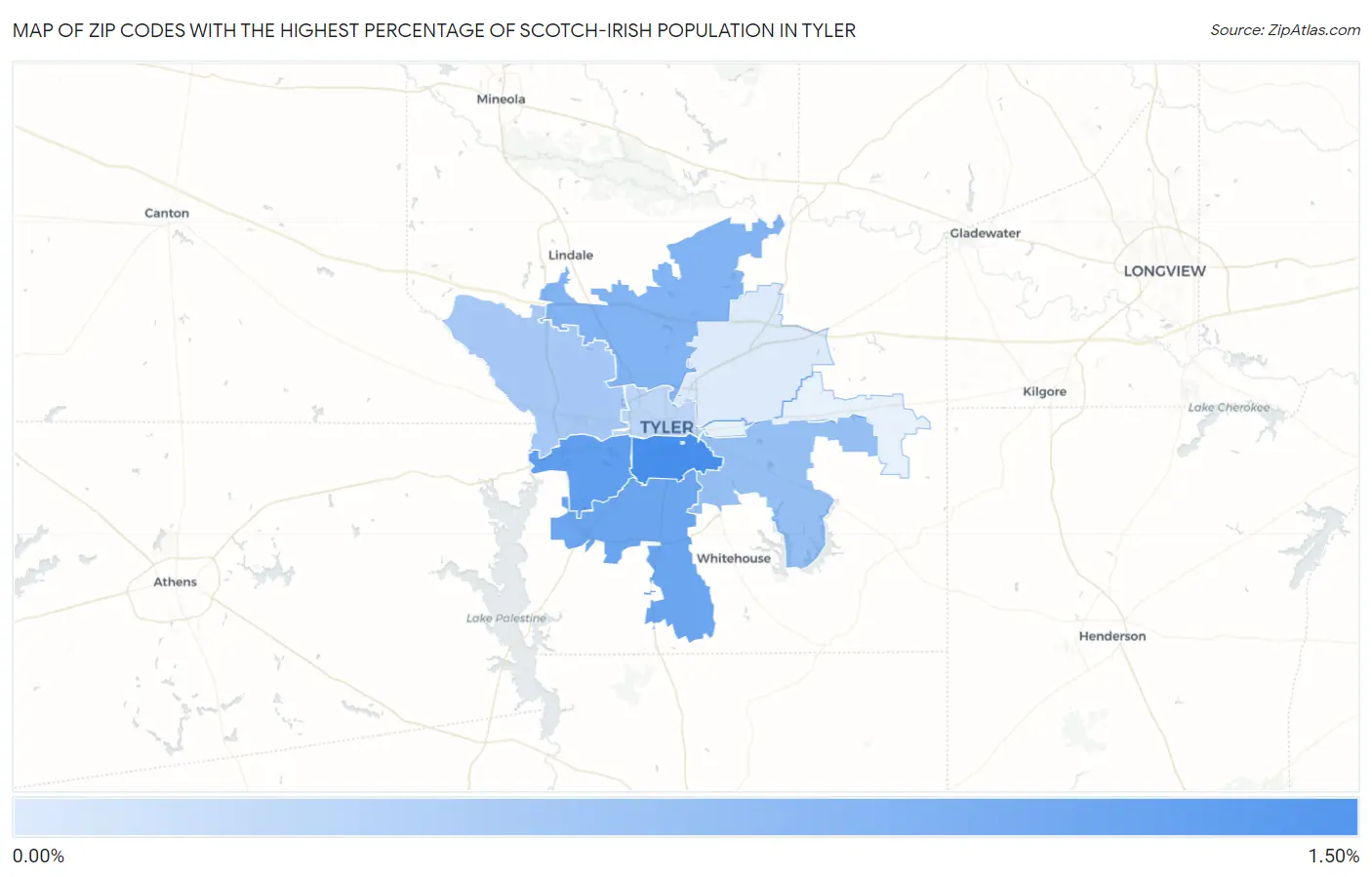 Zip Codes with the Highest Percentage of Scotch-Irish Population in Tyler Map