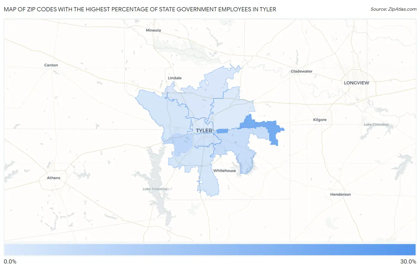 Zip Codes with the Highest Percentage of State Government Employees in Tyler Map