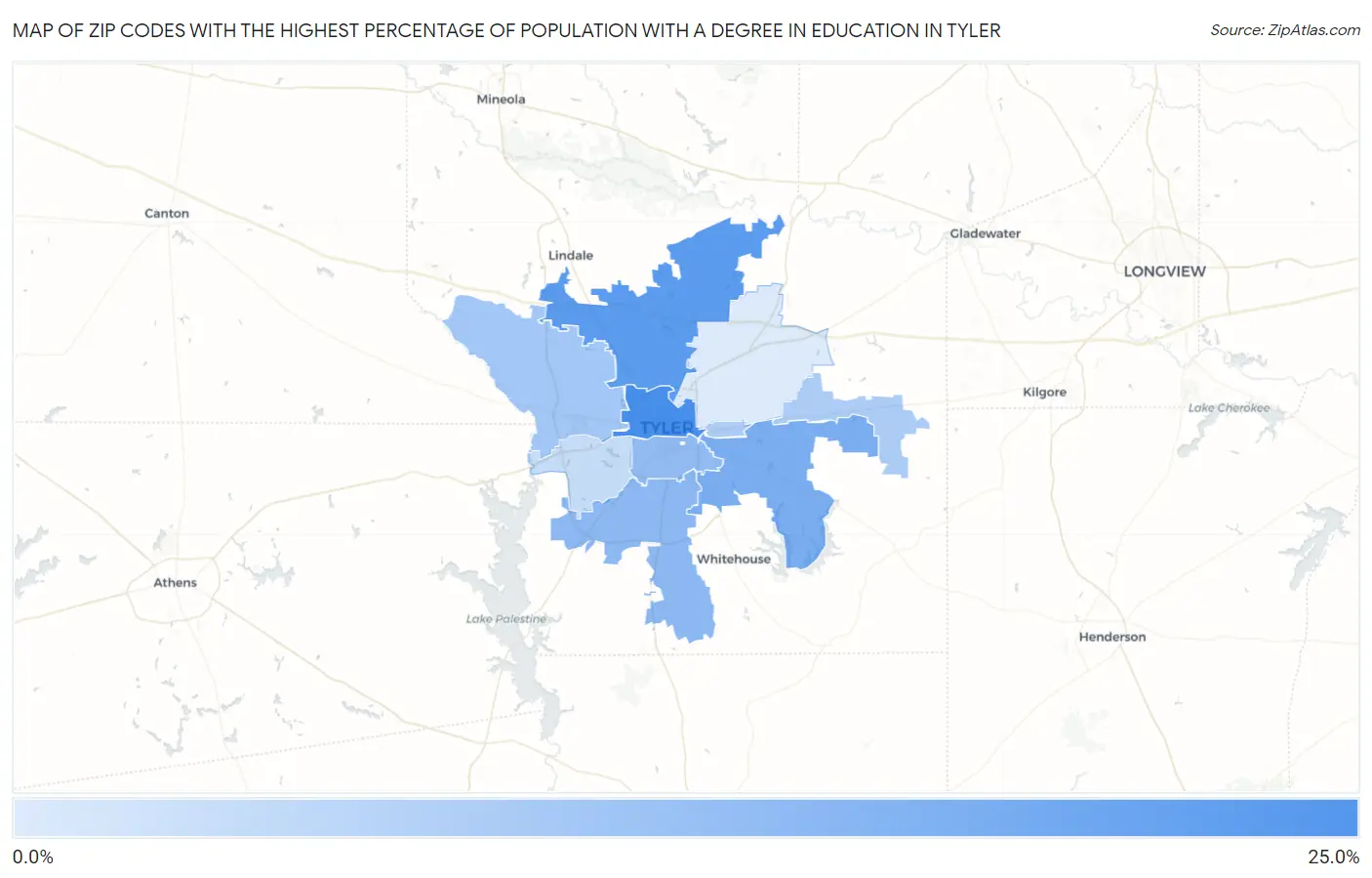 Zip Codes with the Highest Percentage of Population with a Degree in Education in Tyler Map