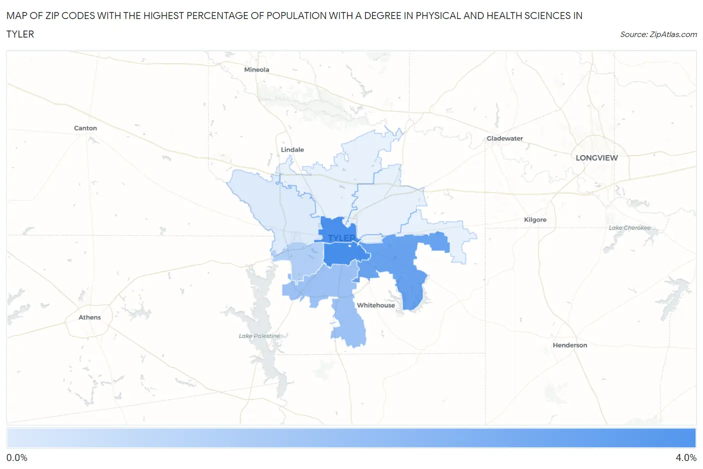 Zip Codes with the Highest Percentage of Population with a Degree in Physical and Health Sciences in Tyler Map