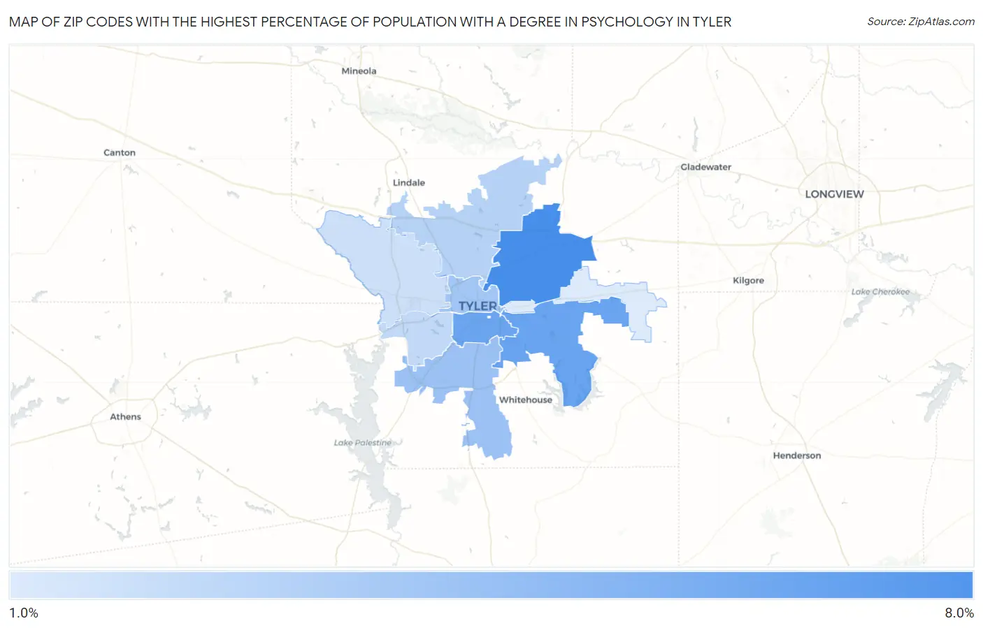 Zip Codes with the Highest Percentage of Population with a Degree in Psychology in Tyler Map