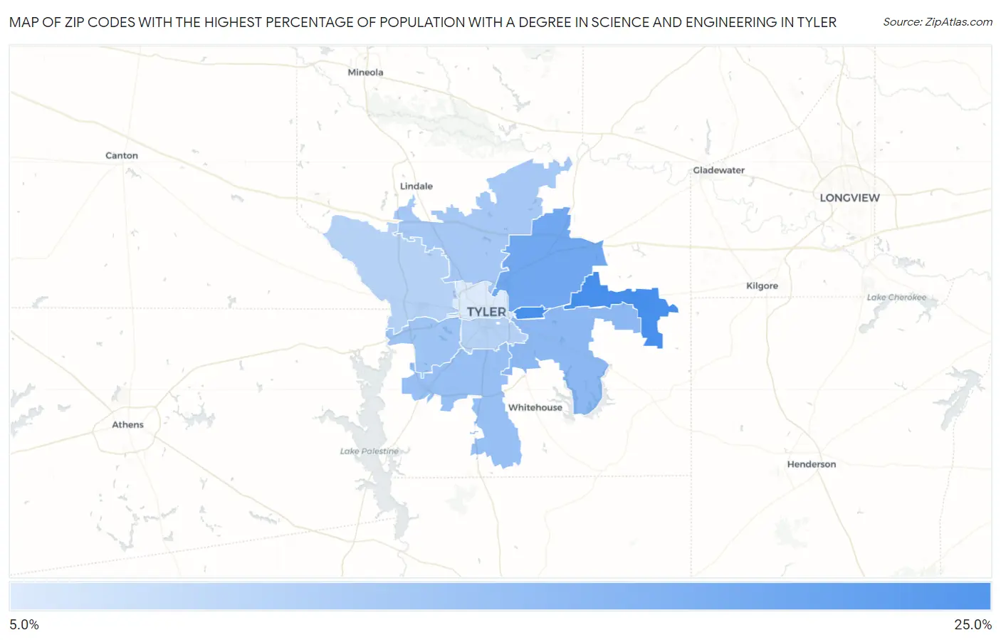 Zip Codes with the Highest Percentage of Population with a Degree in Science and Engineering in Tyler Map