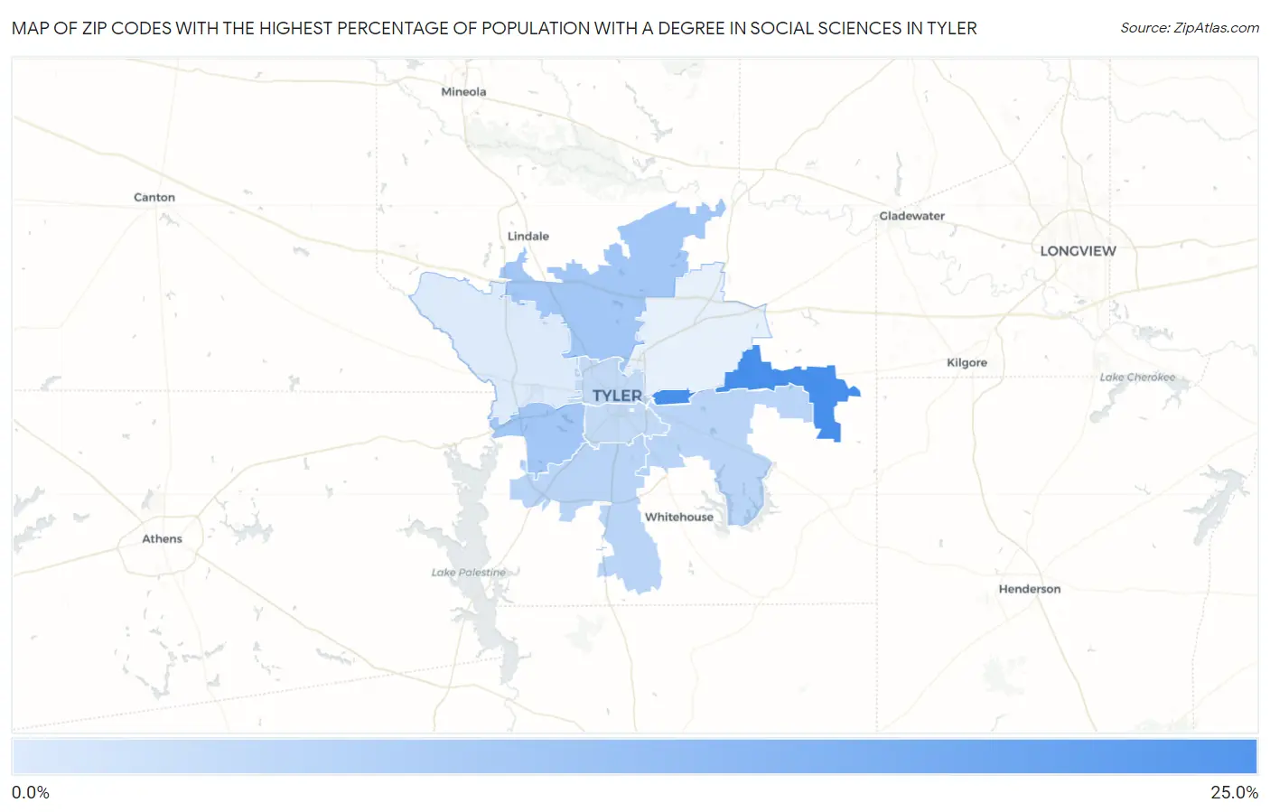 Zip Codes with the Highest Percentage of Population with a Degree in Social Sciences in Tyler Map