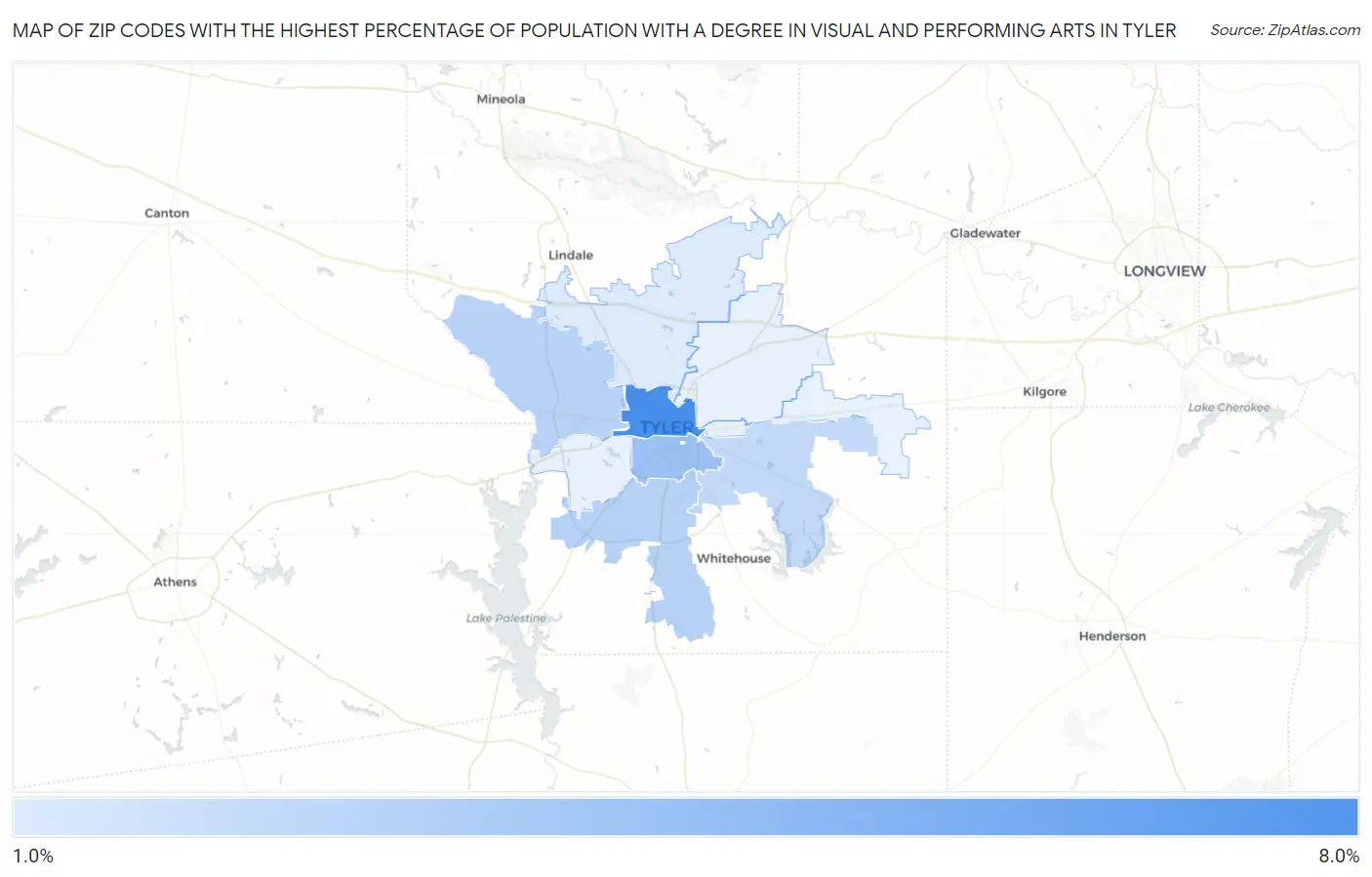 Zip Codes with the Highest Percentage of Population with a Degree in Visual and Performing Arts in Tyler Map