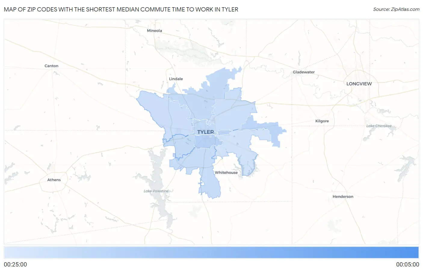 Zip Codes with the Shortest Median Commute Time to Work in Tyler Map