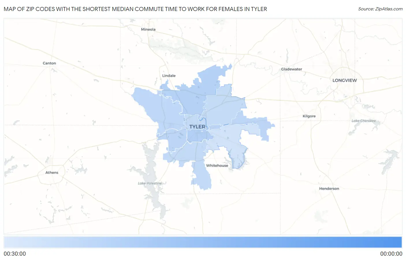 Zip Codes with the Shortest Median Commute Time to Work for Females in Tyler Map