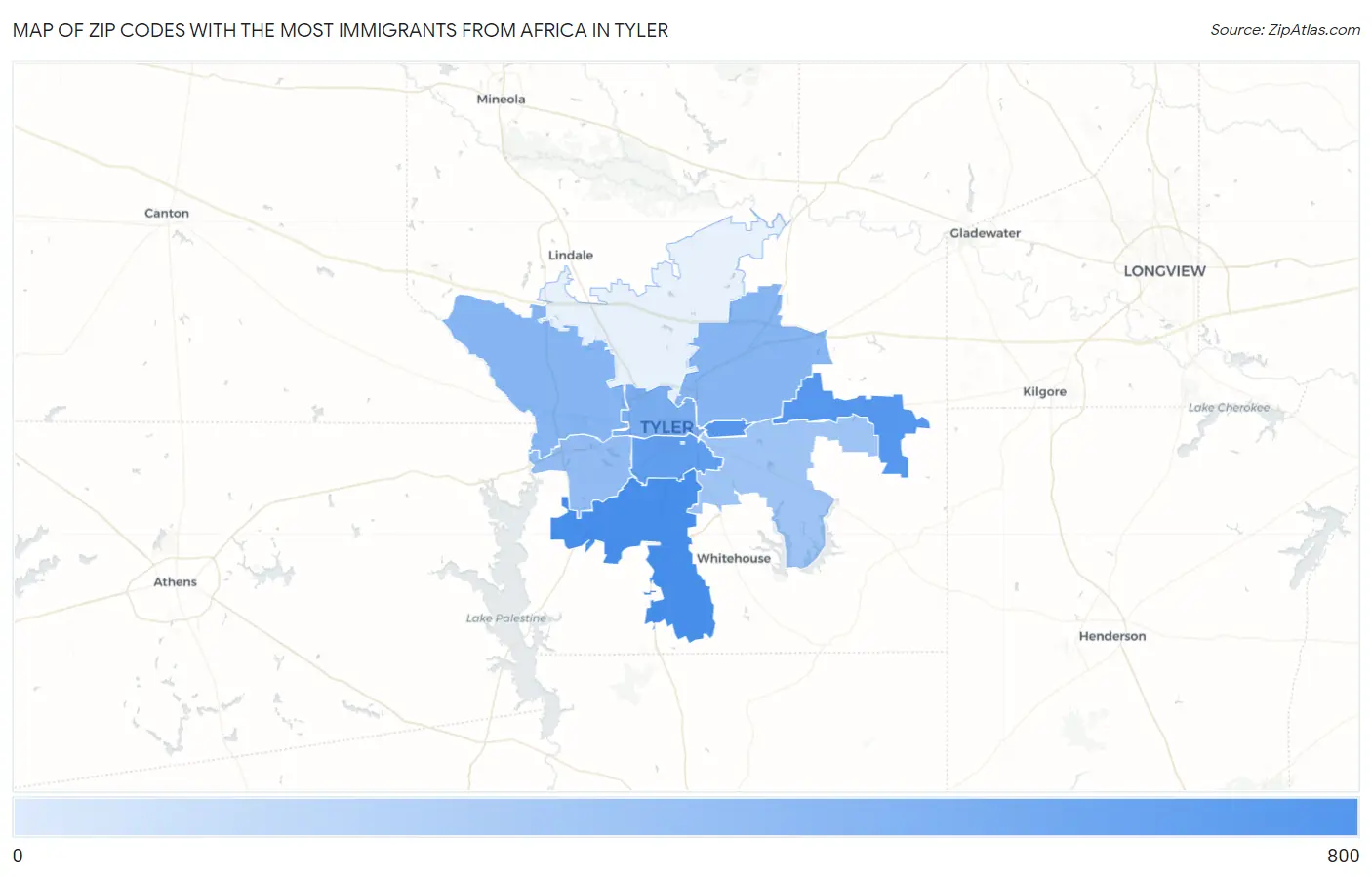 Zip Codes with the Most Immigrants from Africa in Tyler Map