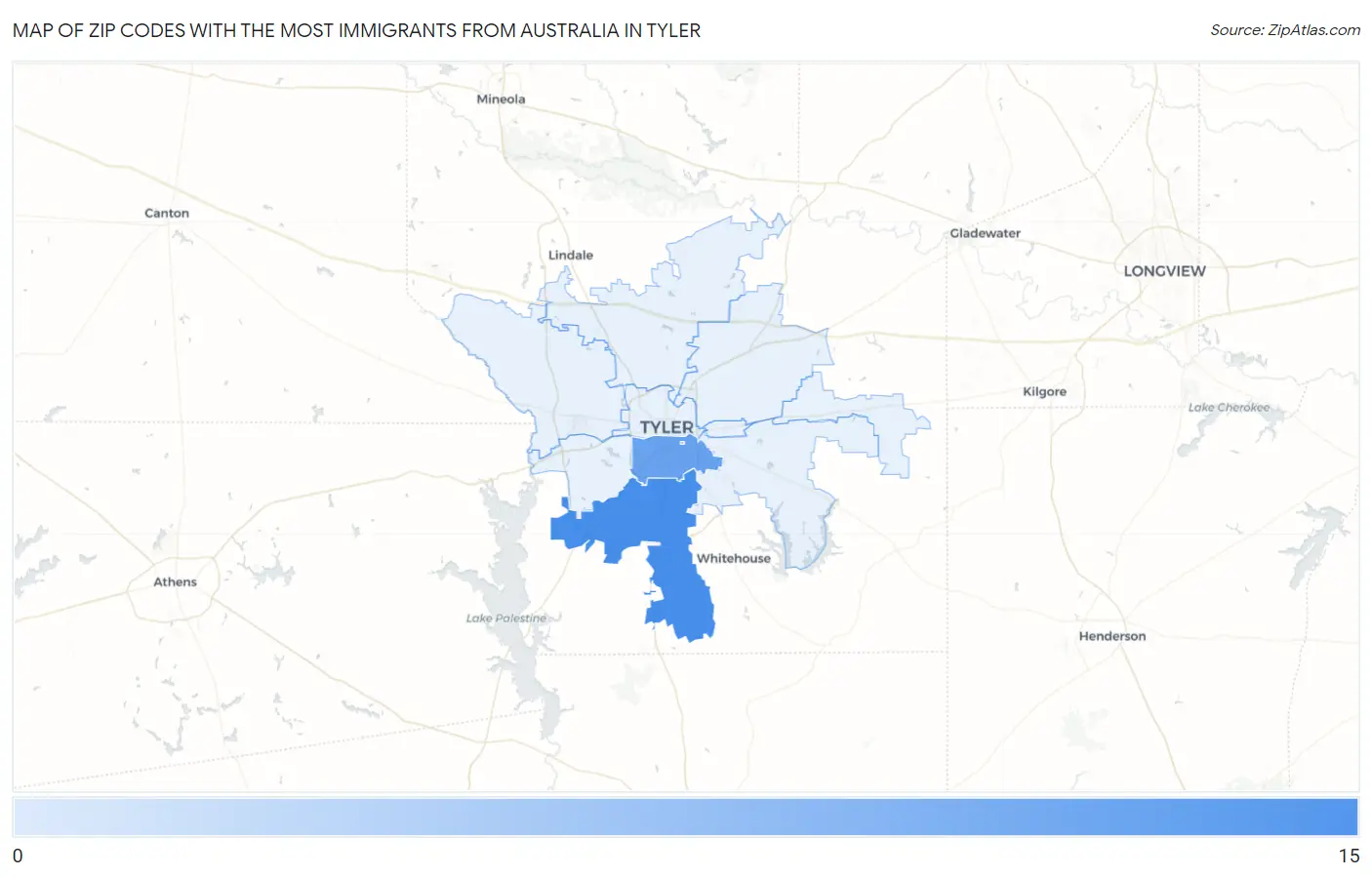 Zip Codes with the Most Immigrants from Australia in Tyler Map