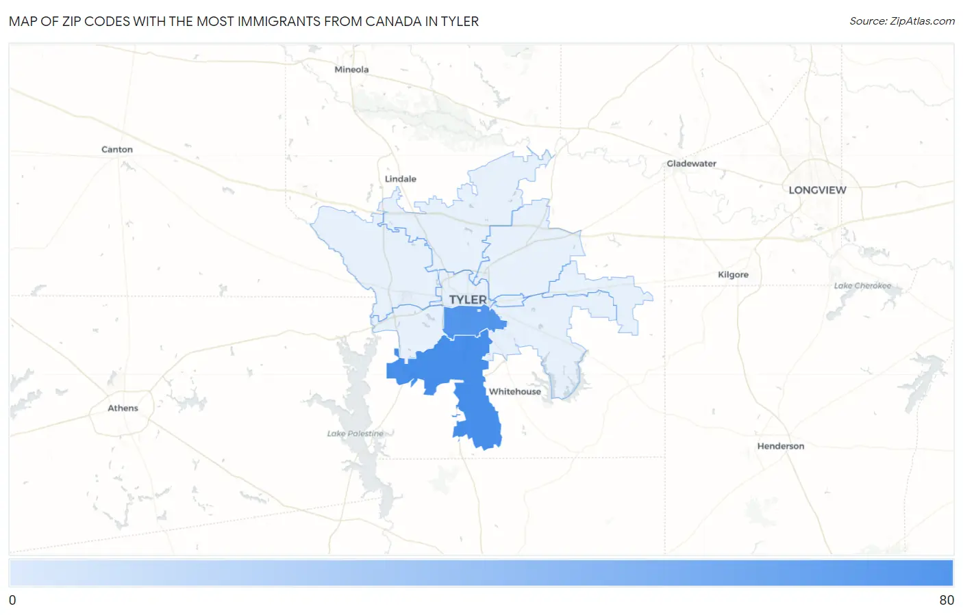 Zip Codes with the Most Immigrants from Canada in Tyler Map