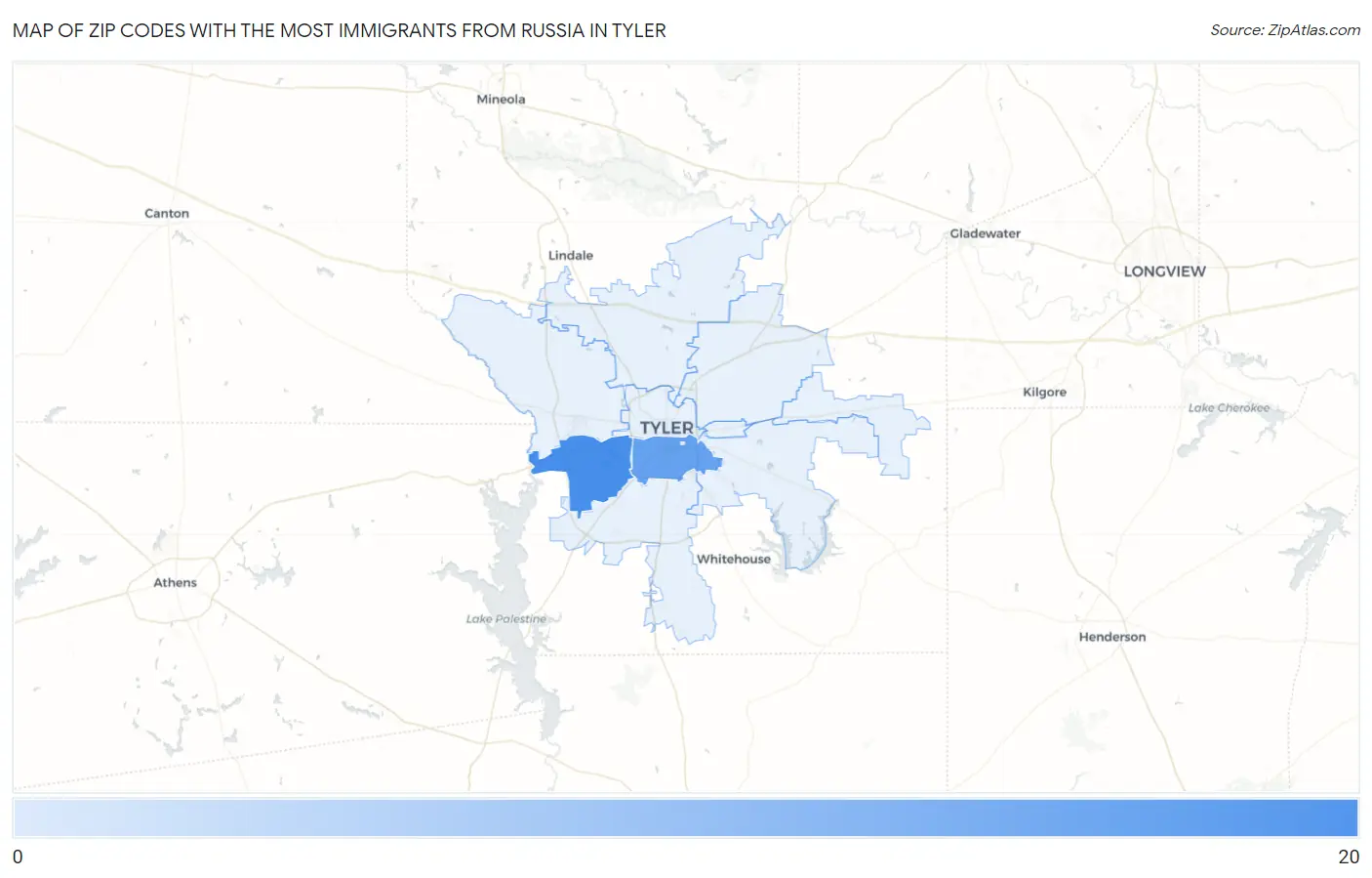 Zip Codes with the Most Immigrants from Russia in Tyler Map