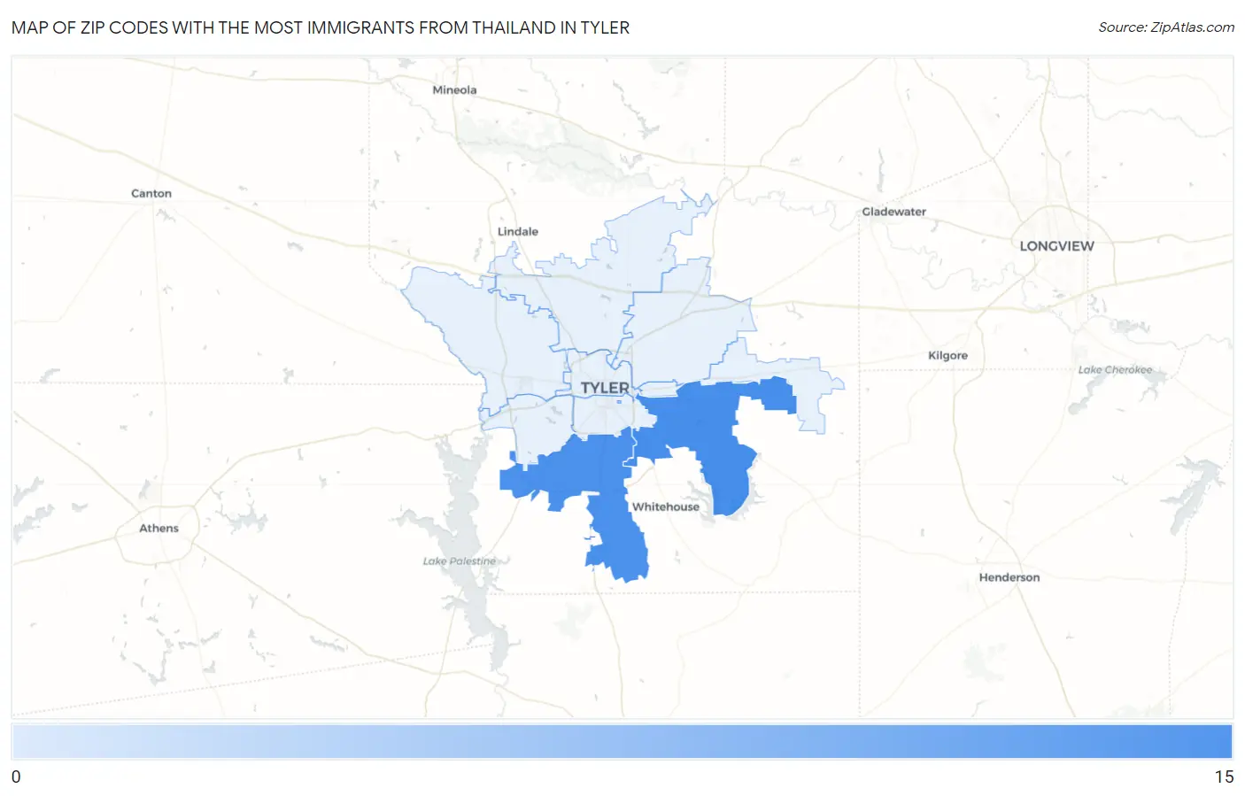 Zip Codes with the Most Immigrants from Thailand in Tyler Map