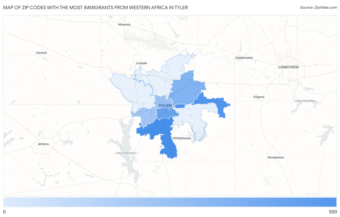 Zip Codes with the Most Immigrants from Western Africa in Tyler Map