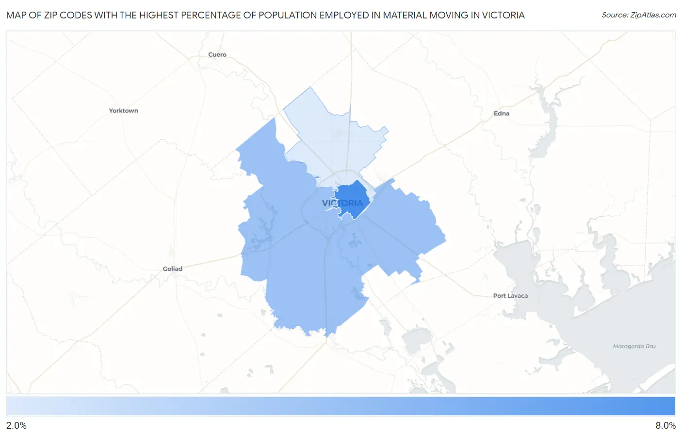 Zip Codes with the Highest Percentage of Population Employed in Material Moving in Victoria Map