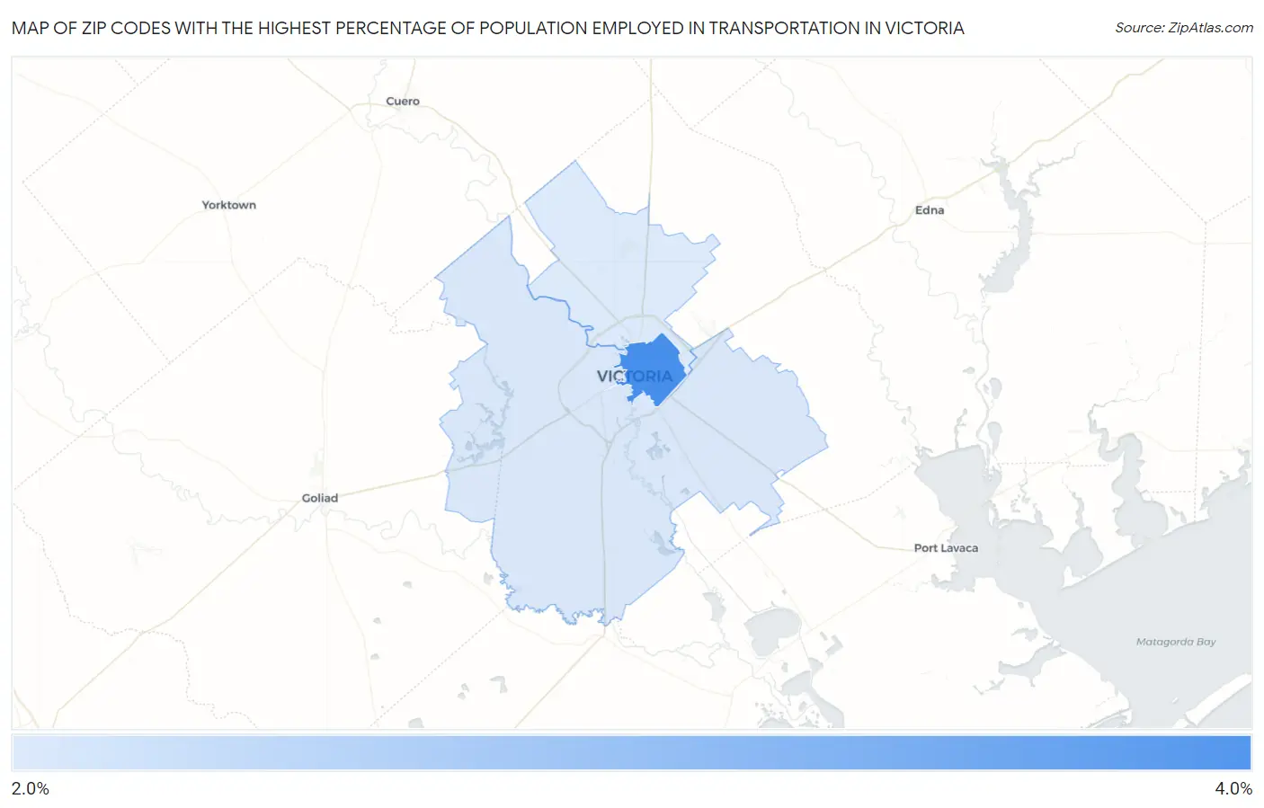 Zip Codes with the Highest Percentage of Population Employed in Transportation in Victoria Map