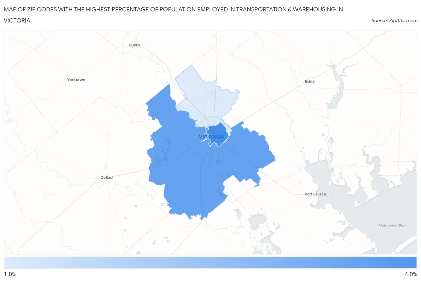 Zip Codes with the Highest Percentage of Population Employed in Transportation & Warehousing in Victoria Map
