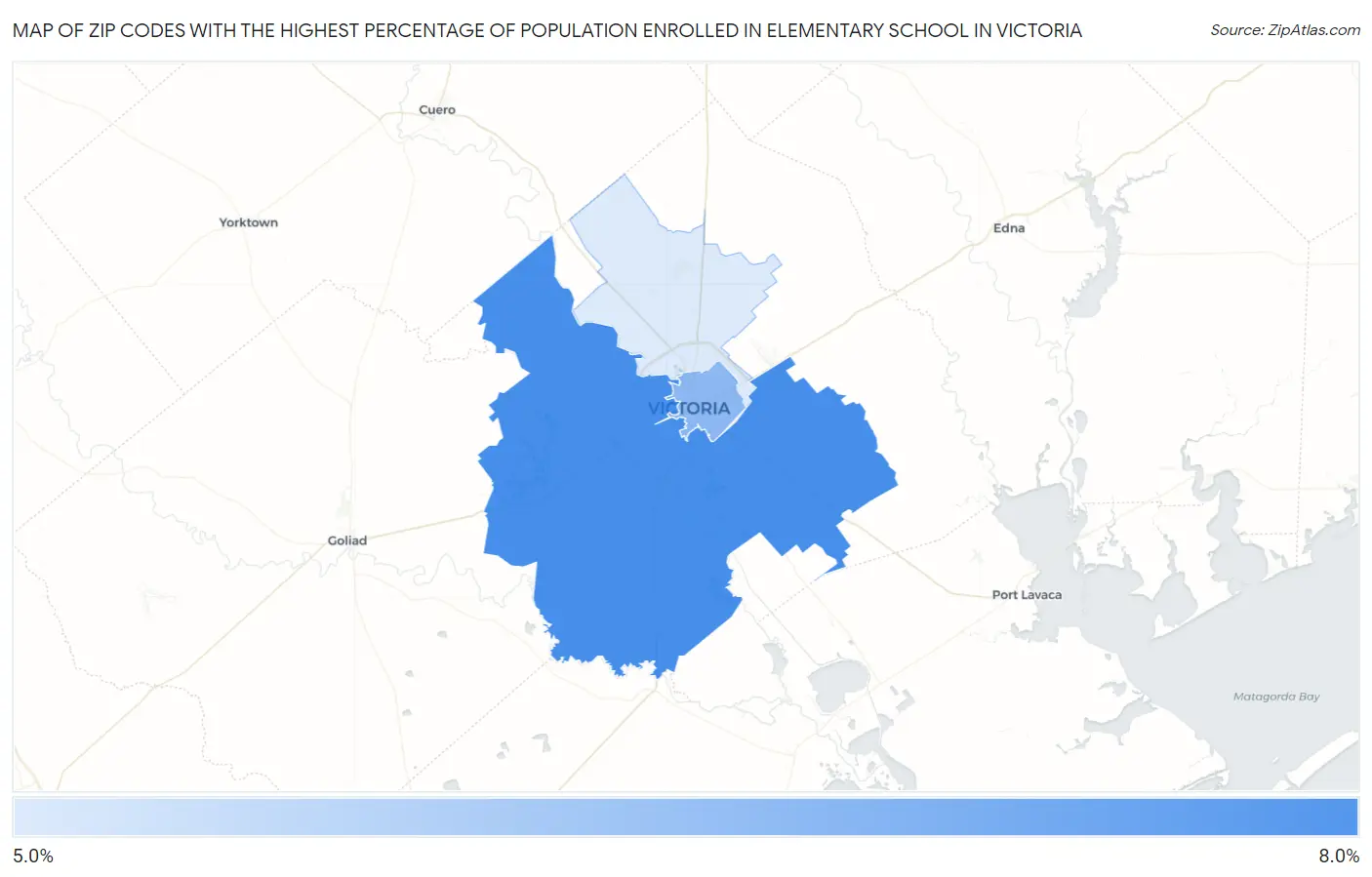 Zip Codes with the Highest Percentage of Population Enrolled in Elementary School in Victoria Map