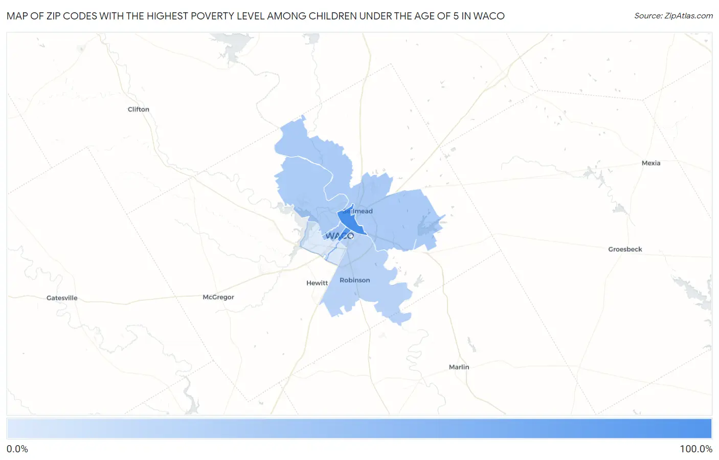 Zip Codes with the Highest Poverty Level Among Children Under the Age of 5 in Waco Map