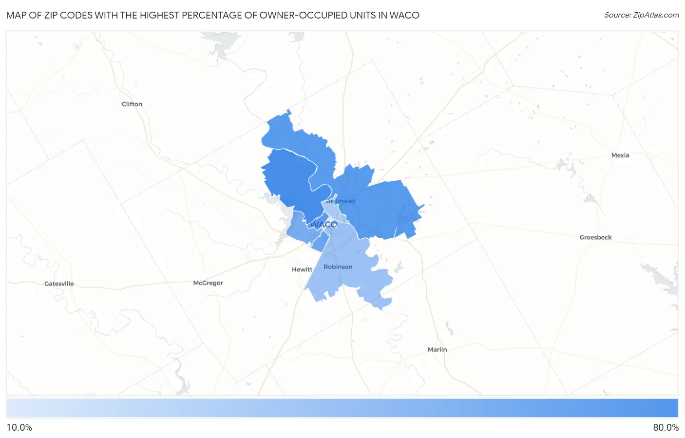 Zip Codes with the Highest Percentage of Owner-Occupied Units in Waco Map