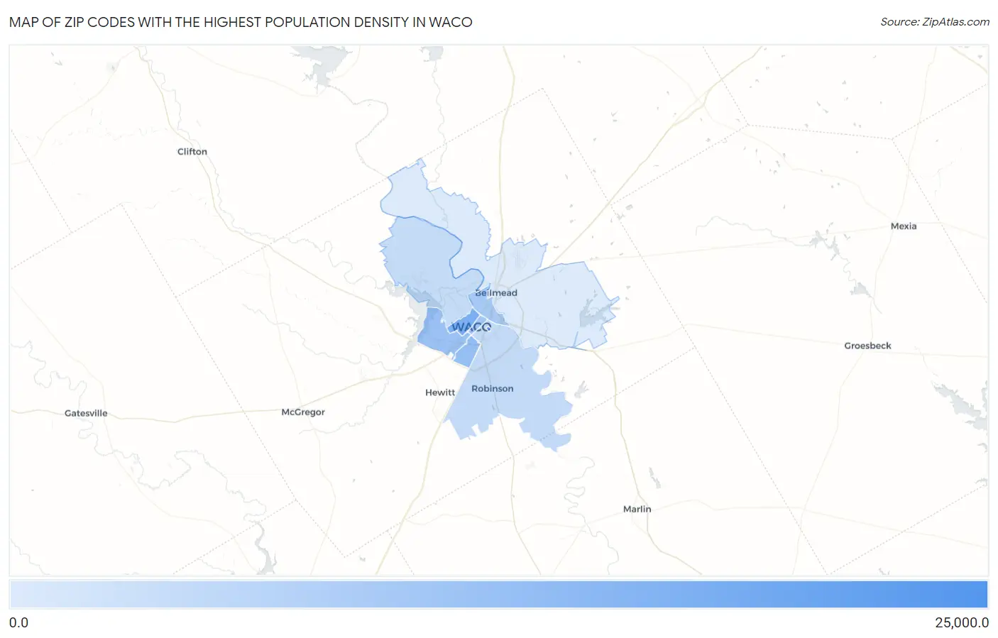 Zip Codes with the Highest Population Density in Waco Map