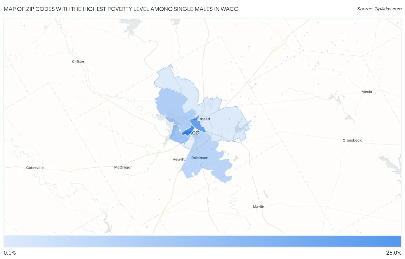 Zip Codes with the Highest Poverty Level Among Single Males in Waco Map