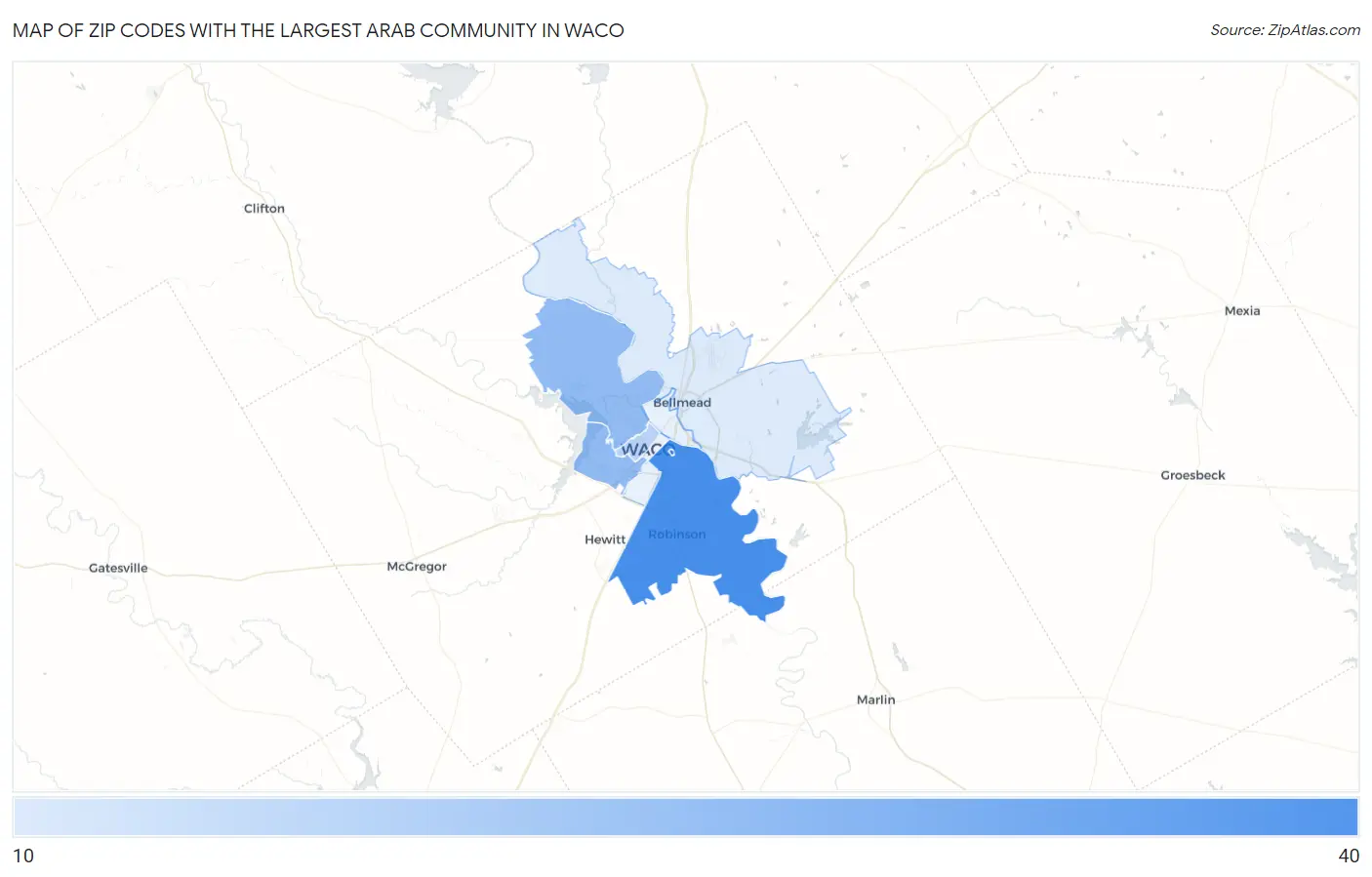 Zip Codes with the Largest Arab Community in Waco Map
