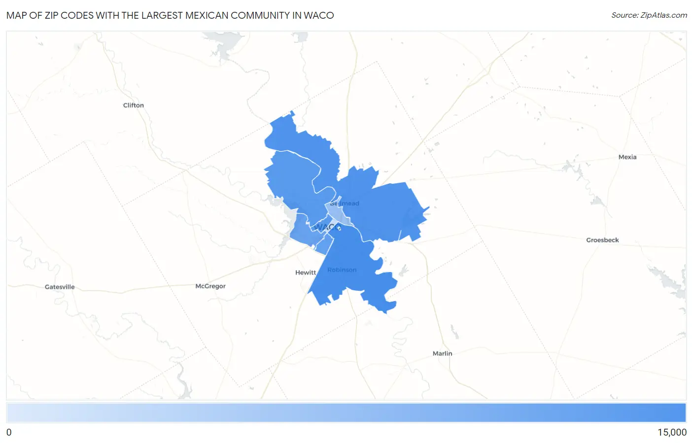 Zip Codes with the Largest Mexican Community in Waco Map