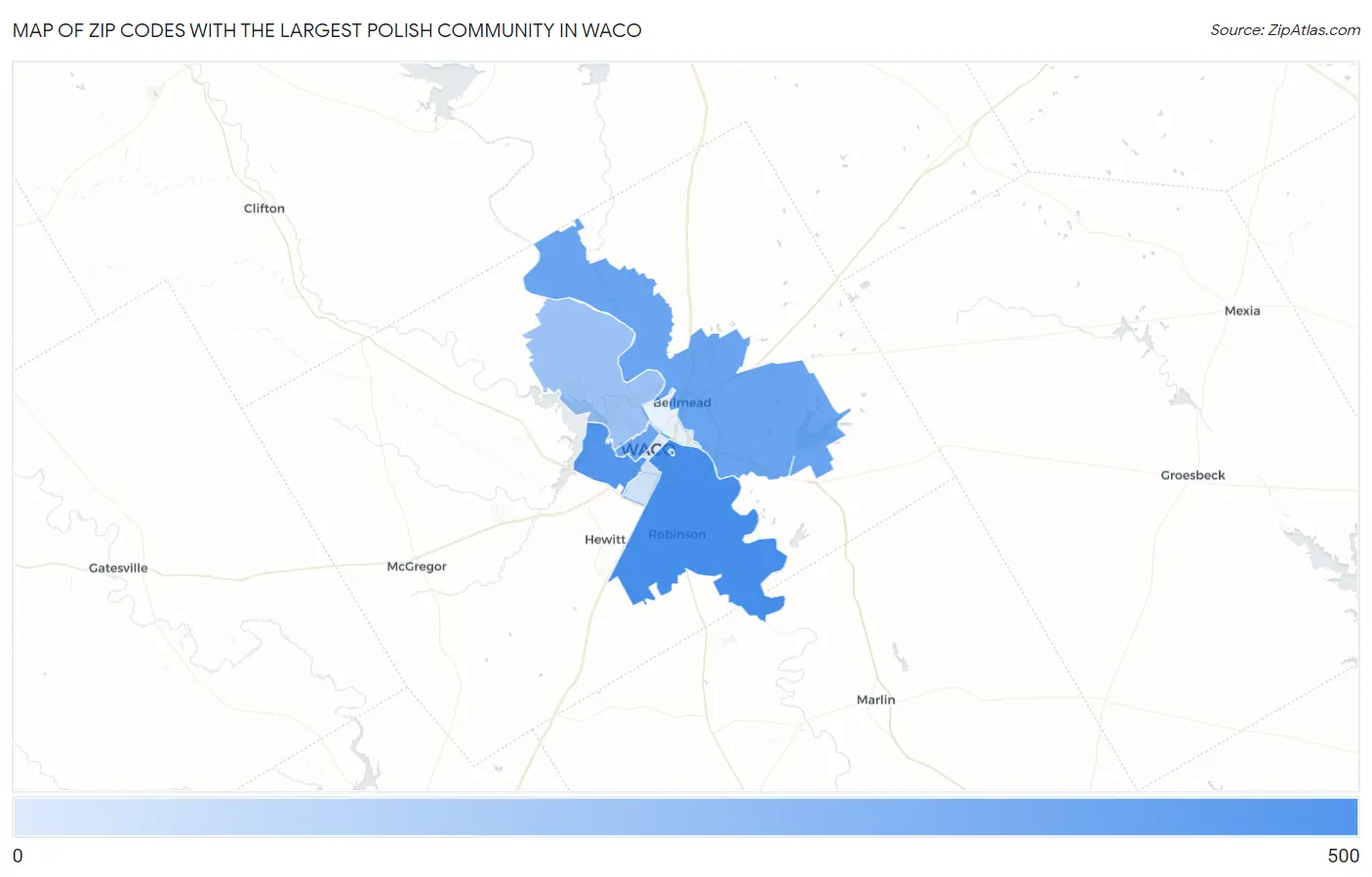 Zip Codes with the Largest Polish Community in Waco Map